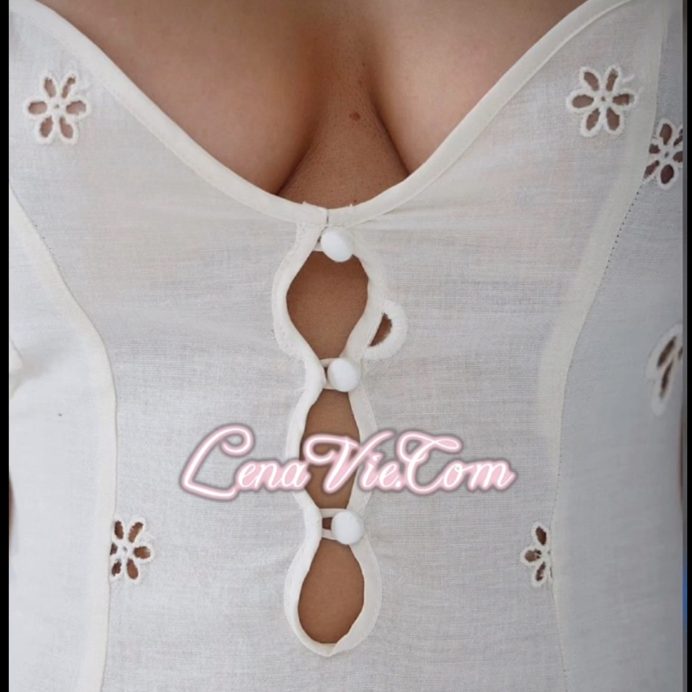 Dreamy Boho Eyelet Summer Sexy Mini Dress Accent Sleeves, Floral Cut Detailing - Picture 7 of 11